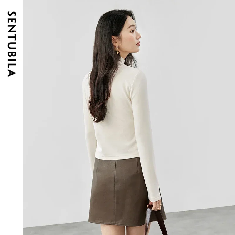 SENTUBILA Irregular Slit-hem Pullovers for Women 2024 Winter Slim Fit Half High Collar Solid Simple Comfort Women Top 144S57053