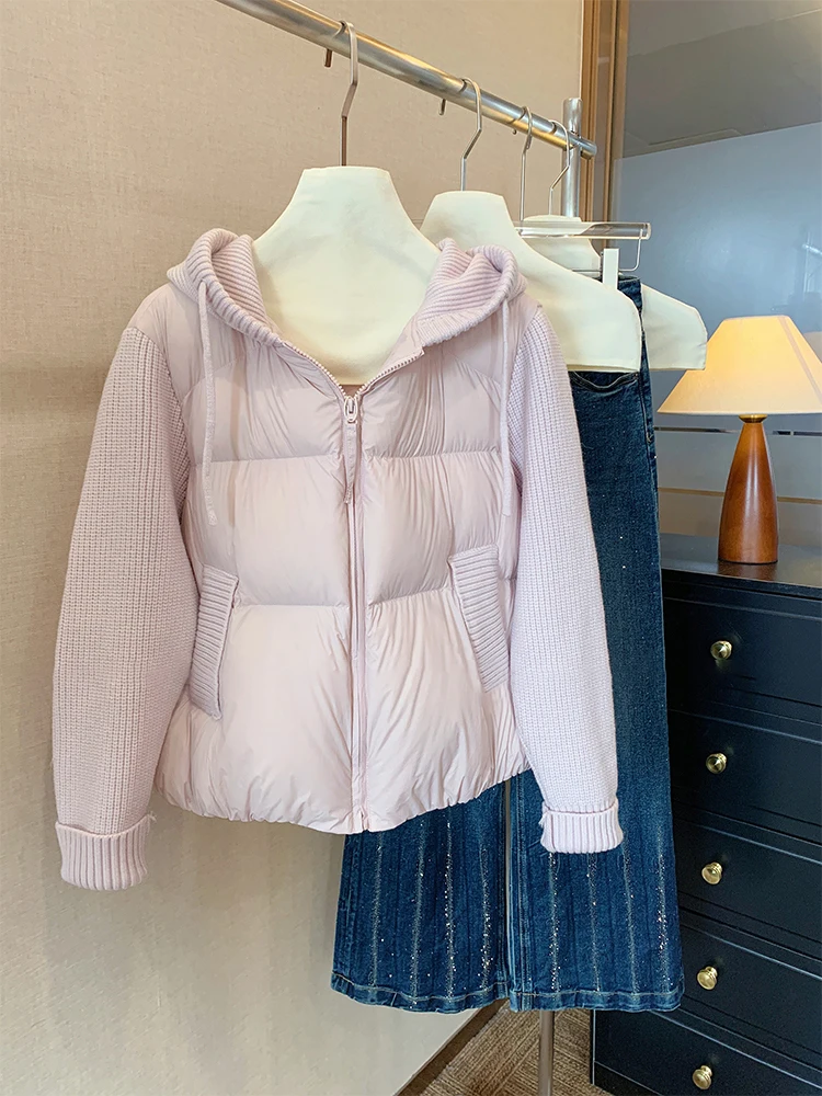 

Sweet Pink Knitted Hooded Cotton Jaet Women's Faionable Warmth Autumn Winter Coat Zipper Closure Color Loose Fit