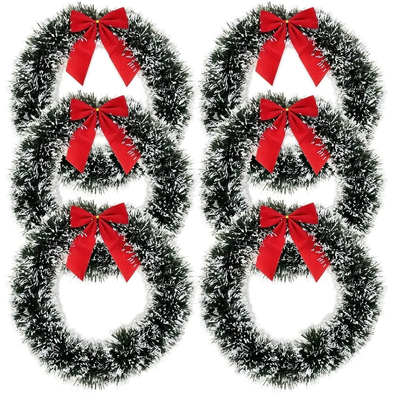 2pcs Christmas Wreath for Front Door with Red Bow 13.7inch Winter Decoration Wall Decor Hanging Wreaths Artificial Home Decor