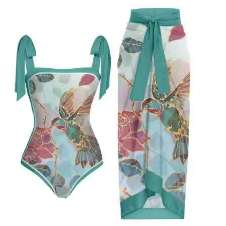 

2025 new sexy one-piece swimsuit European and American bikini smudge bronzing printing lace-up sexy swimsuit bikini