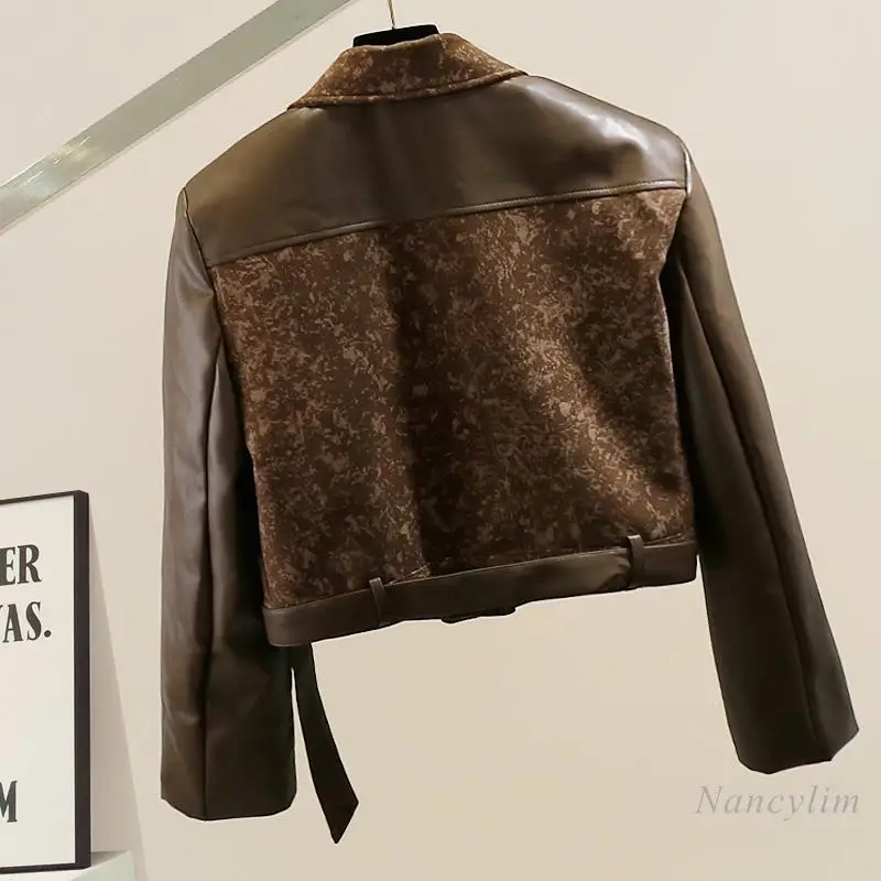 Chaqueta de cuero con empalme Retro americano para mujer, decoración con cremallera oblicua a la moda, abrigo locomotor corto y delgado, abrigo de piel sintética fresco