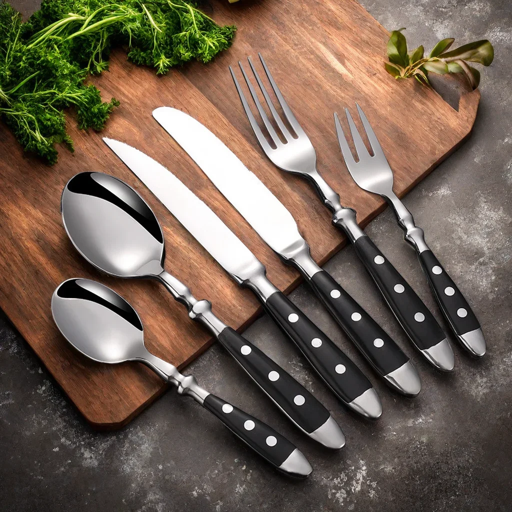 Camping Cooking Set For 4 - ชุดอุปกรณ์รับประทานอาหารกลางแจ้งแบบพกพา 4/6 ชิ้น ชุดมีด ส้อม และช้อนสแตนเลสพร้อมด้ามจับแบบยึดติด