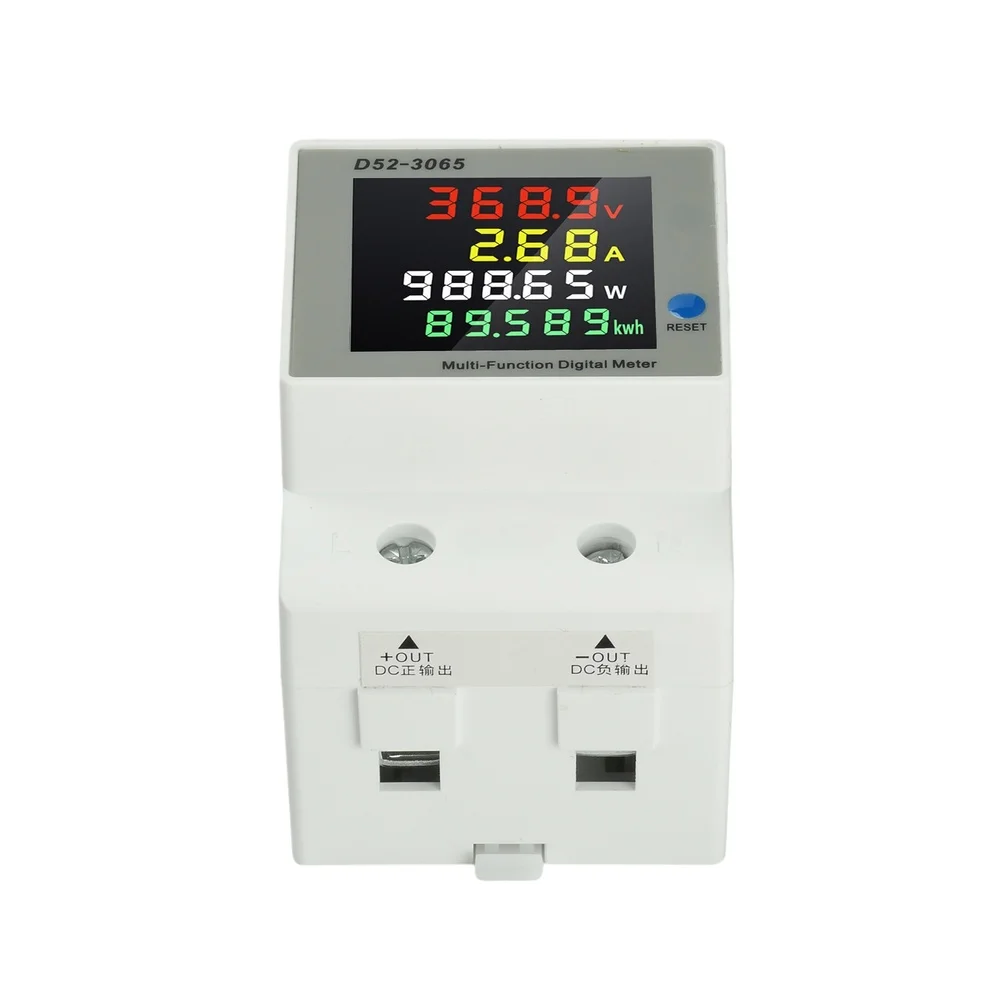 DC Electricity Meter 63A DIN Rail Type with Color LCD Screen Displaying V I P kWh Simultaneously 14-600V Input