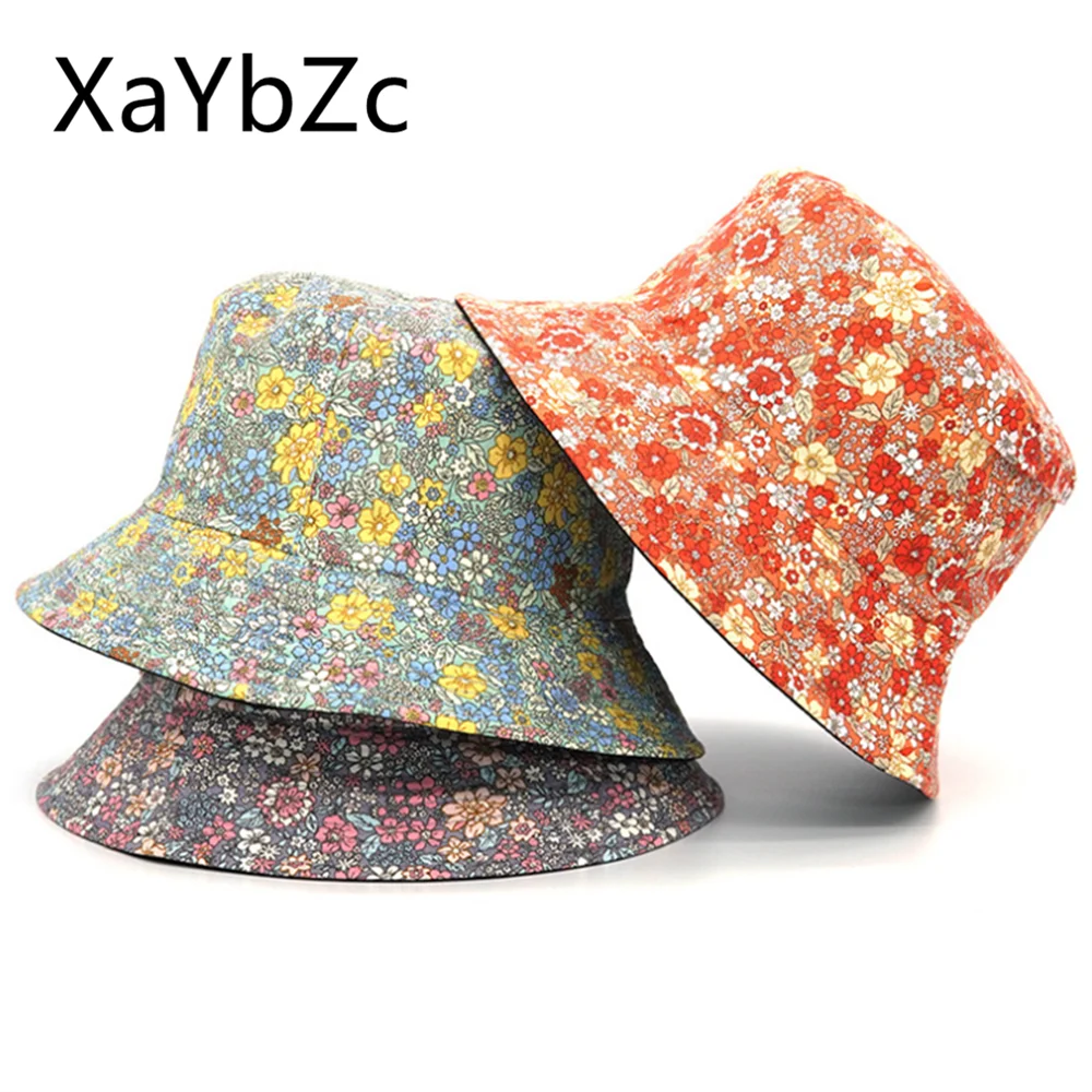 Spring and Summer Small Floral Print Bucket Hat Trend Flower Double-Sided Male Wild Basin  Sun  Woman Cap