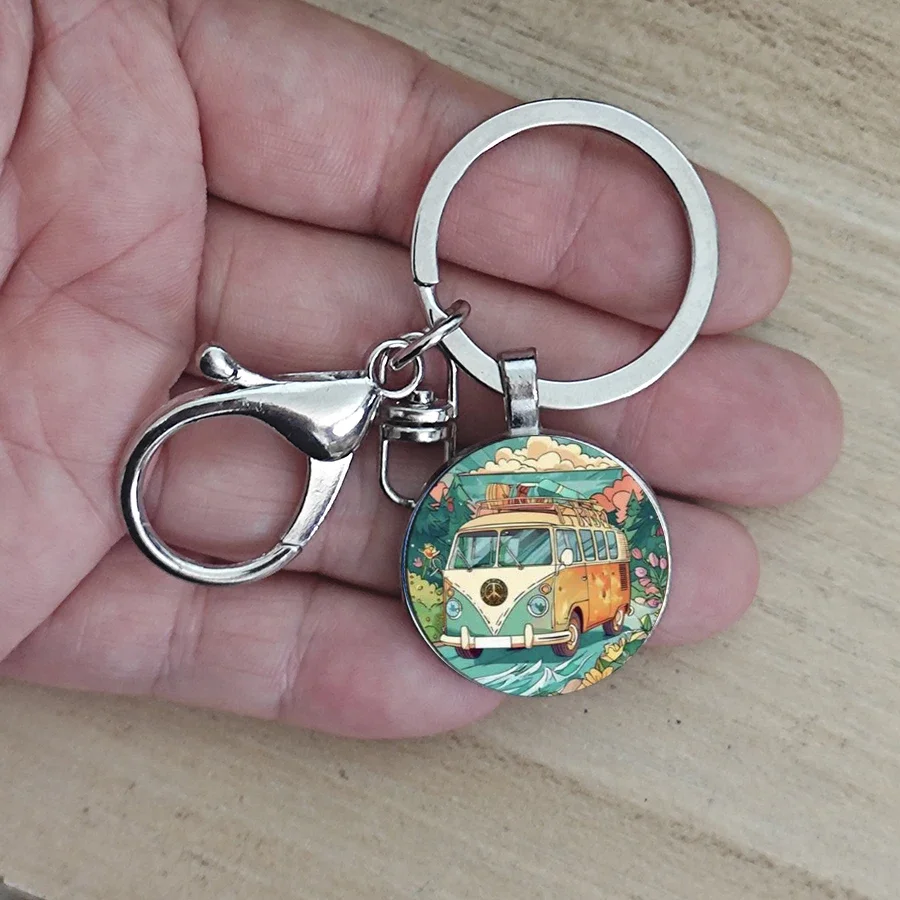 Colorful Peace Bus Keychain Tour Bus Keyring Hippie Peace Sign Truck Bus Keychain, Fashion Wallet Car Pendant