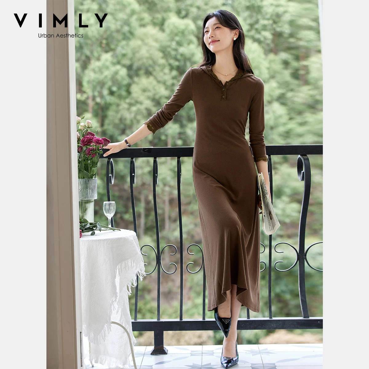 VIMLY Bruin Midi vrouwen Elegante Jurken 2025, Herfst Kant Capuchon Jurk Lange Mouw Slanke Dames Jurk Vrouw Kleding A2023
