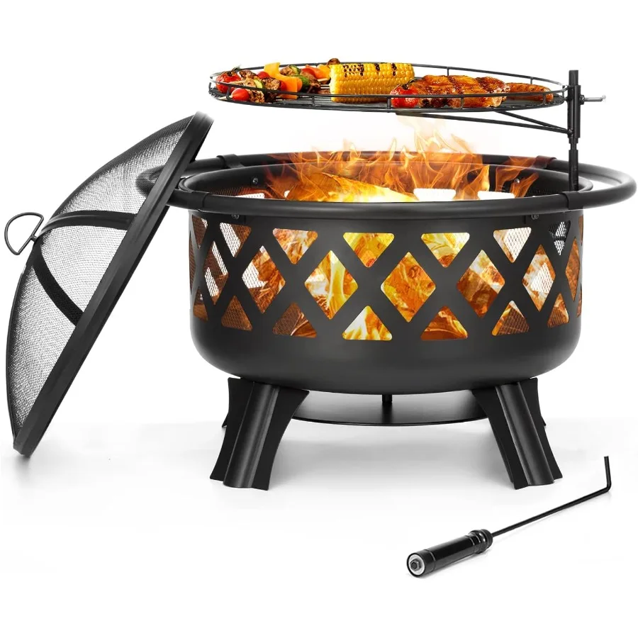 

30 Inch Outdoor Fire Pit with Swivel BBQ Grill and Ash Plate for Patio Backyard Picnic and Garden Use Large Steel Firepit Bowl