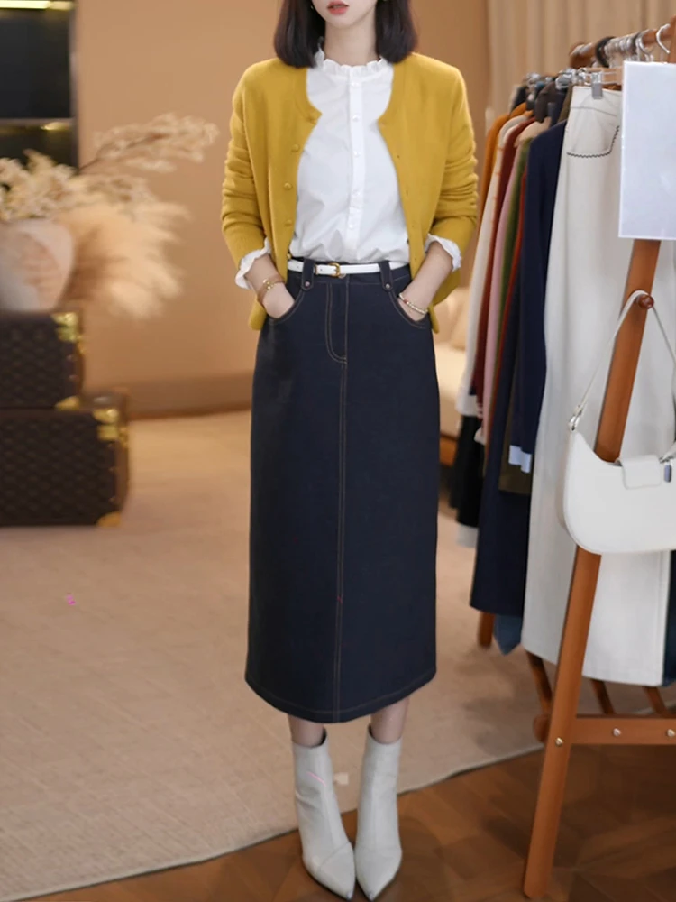 

Casual Loose Knitted Top And Skirt Set Women's Faion Tee-piece Autumn Collection Breathable Medium Thi Collar Butt...