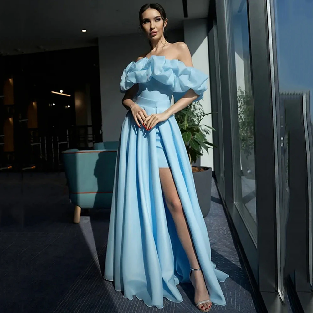 

Beshinel Customized Blue Off Shoulder Prom Gowns 2025 Elegant 2 Pieces Detachable Train Ruffle Slit Formal Evening Dresses