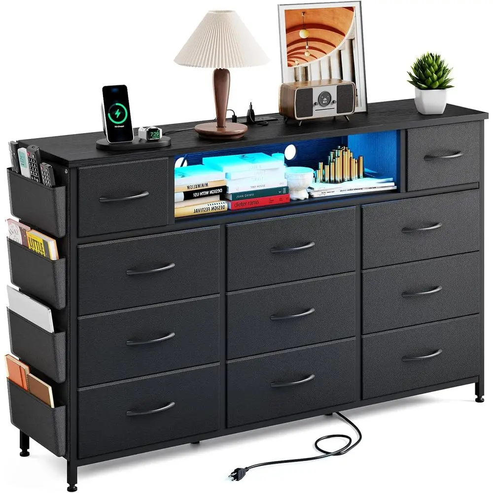

Black Drer or Bedroom with 11 Ders and Power Outlets LED Lights with Side ket or Kids Bedroom, abric Chest o Ders, or 60inch TV