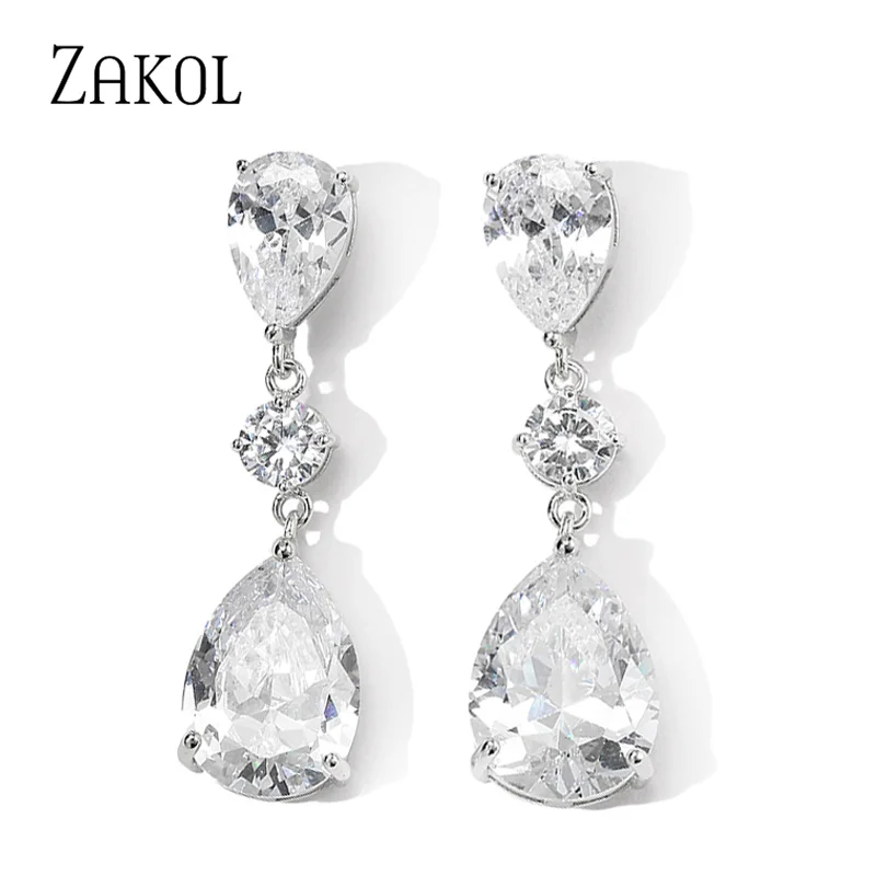 ZAKOL Shinny Zirconia Teardrop Dangle Earring for Women Fashion White Gold Color Bridal Earrings Wedding Jewelry Brincos EP2426 image 3