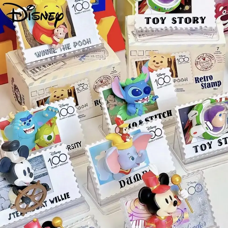 

Miniso Disney Anniversary Retro Stamp Blind Box Pooh Bear Dumbo Mickey Buzz Lightyear Sullivan Trendy Play Figure Model Toy Doll