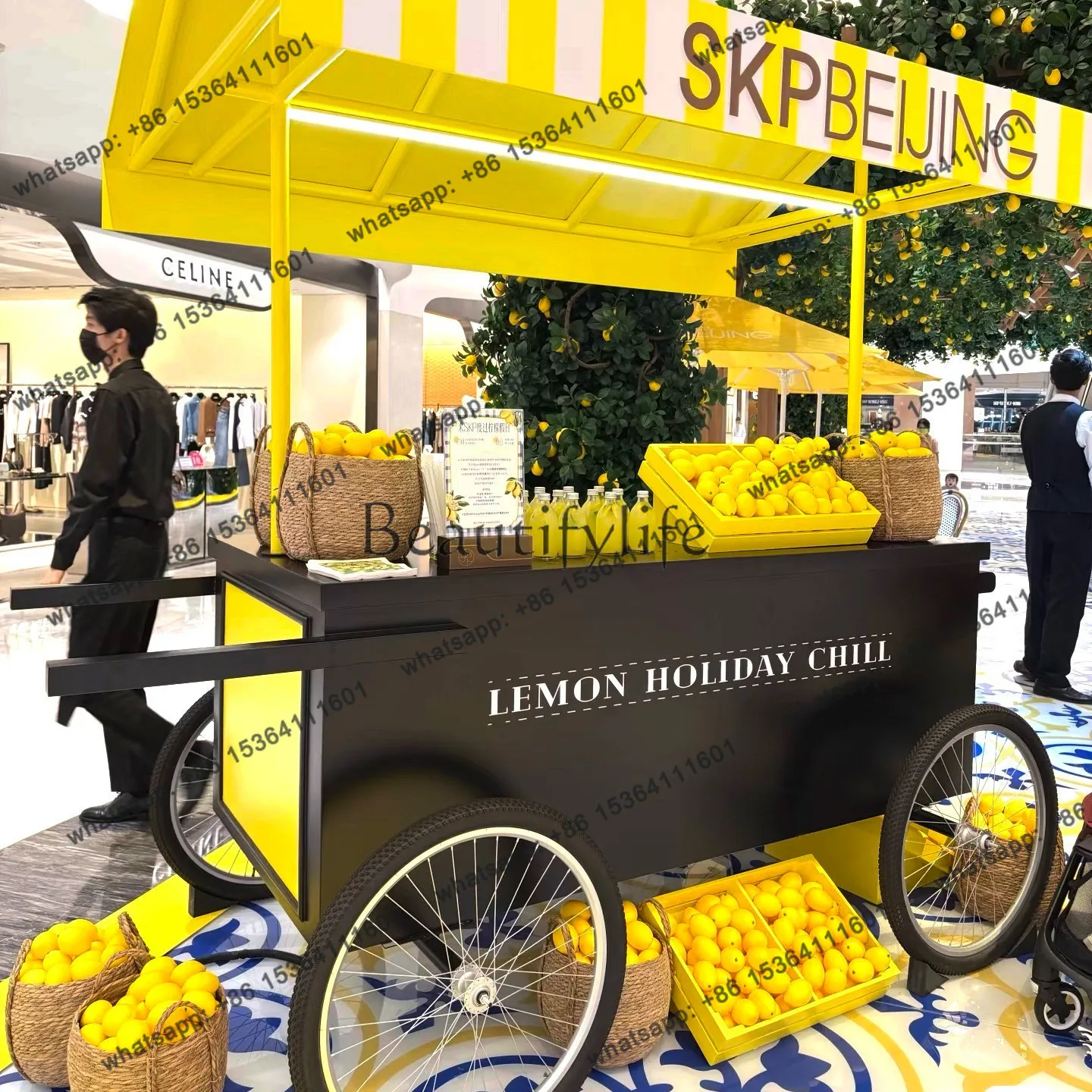 8Lemon theme promotional car Mobile kiosk Yellow and white striped awning Commercial display car