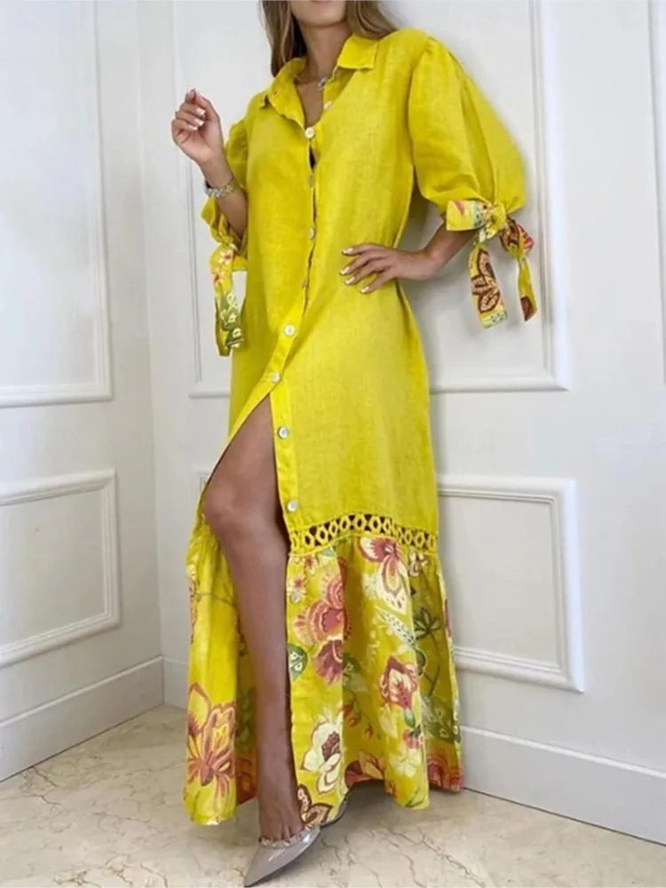 Novedad de verano, vestido largo estilo camisa de manga de 7 piezas con lazo de costura a la moda de algodón y lino, falda larga holgada informal cómoda