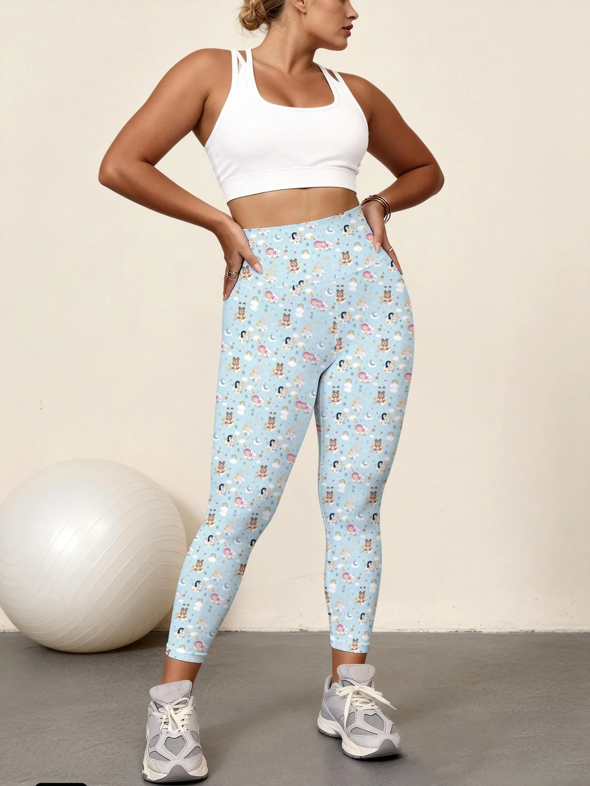

Светло-голубые женские брюки для йоги с высокой талией и милым радужным принтом, эластичные быстросохнущие спортивные леггинсы, для занятий фитнесом