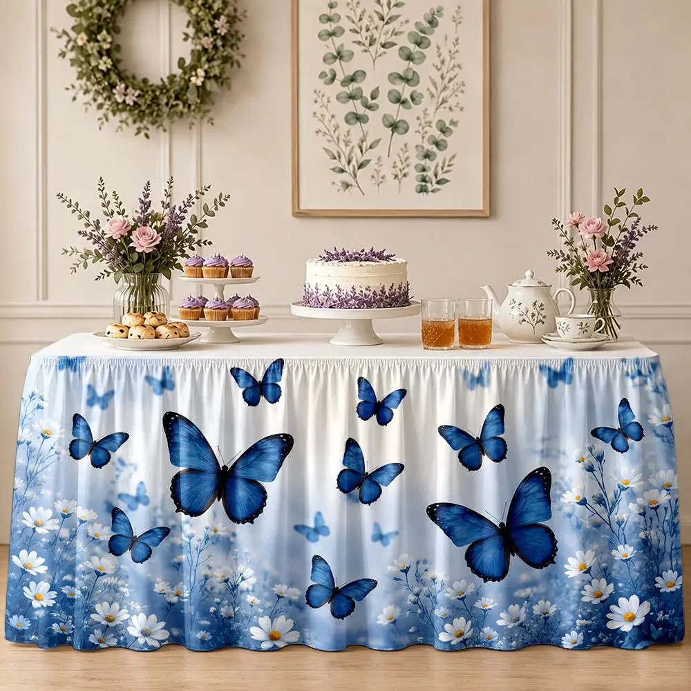 One-piece party table skirt decoration - blue butterflies and white daisies pattern - ruffled table edgezyc