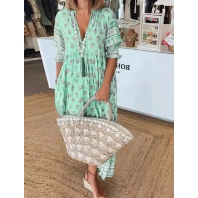 Vestido largo bohemio estampado elegante con cuello en V y borlas para mujer, vestido de fiesta con bolsillo para primavera y otoño, vestido Maxi con volantes y media manga acampanada para verano