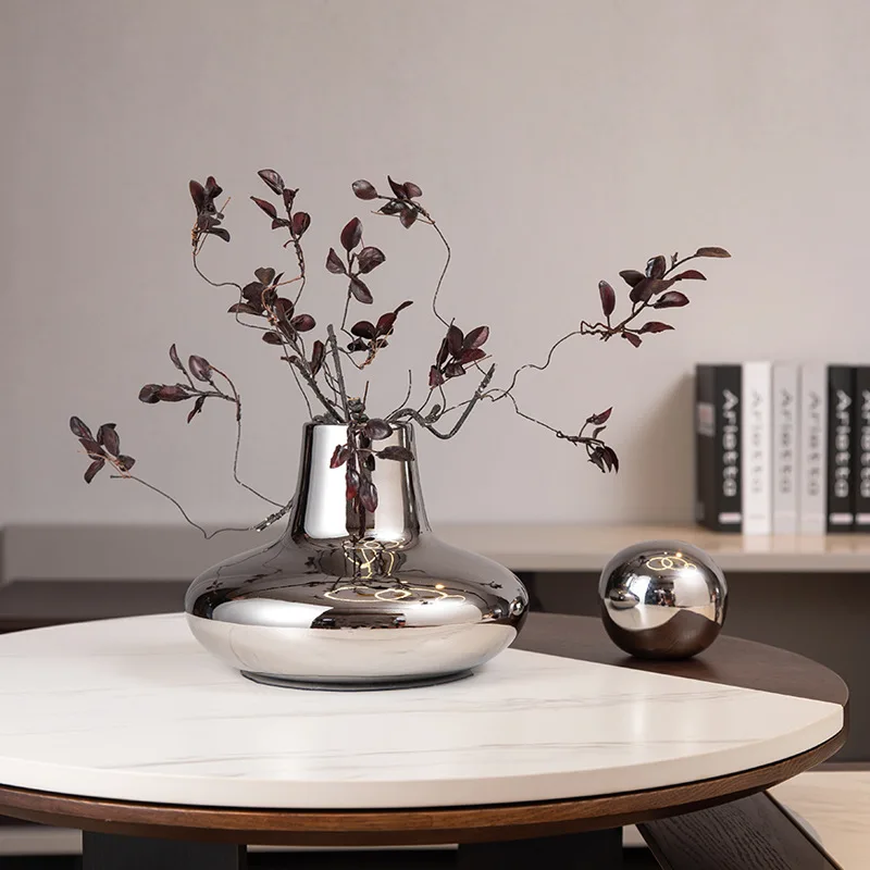 Nordic Ceramics Silver Plating Vase Home Flower Accessories Vase Living Room Wine Cabinet Decora Artwork Soft Outfit Ornaments