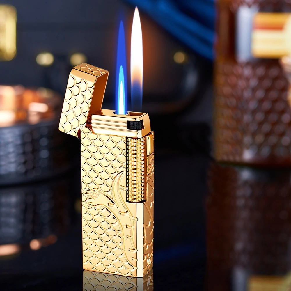 

Новая узкая газовая зажигалка DERUI, с двойным переключением пламени, изысканная компактная металлическая зажигалка с колесиком для зажигания, подарок для мужчин и женщин