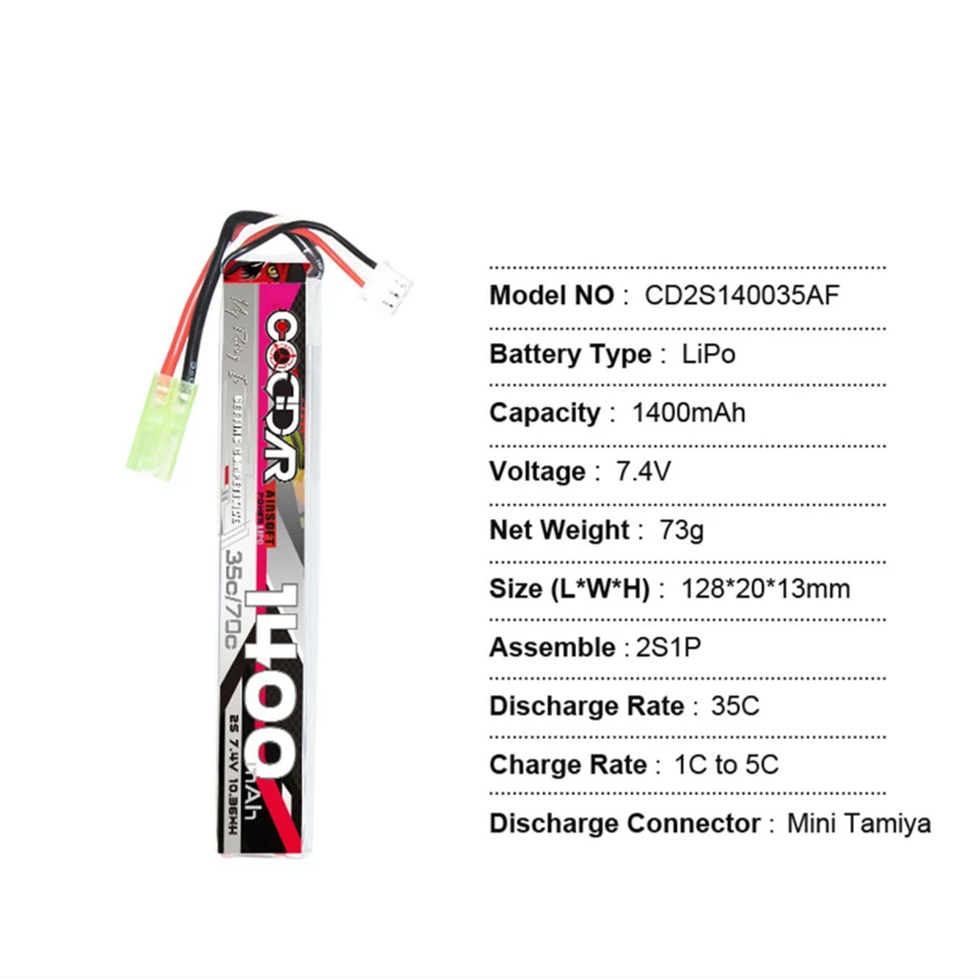 Batterie au lithium pour modèle de jouet électrique, CD2S140035tains, 1400mAh, 2S, 7.4V, 35C