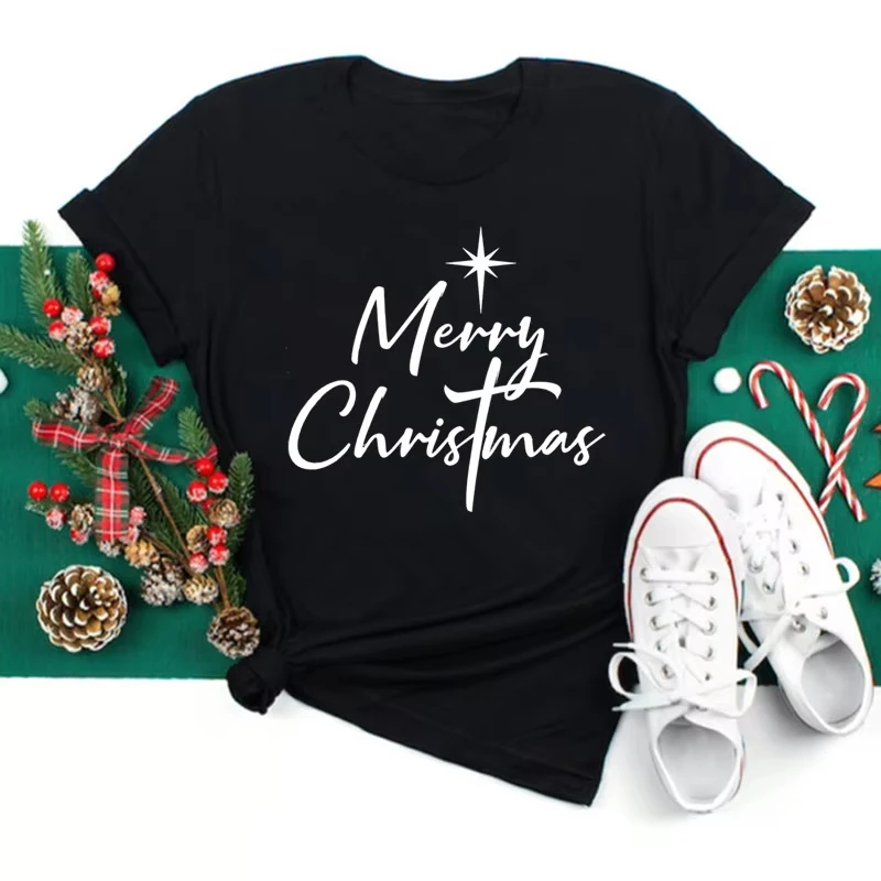 Unisex Merry Christmas Graphic T‑Shirt Leopard Plaid Xmas Tree Cross Letter Print Crew Neck Holiday Tee For Men Women
