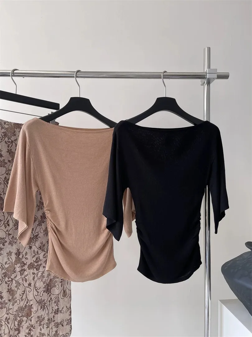 Fotografia 3: Blusa Feminina Elegante de Tricô com Um Ombro Só, Manga Romântica, Sofisticada e Chique, Estilo Casual e Moderno