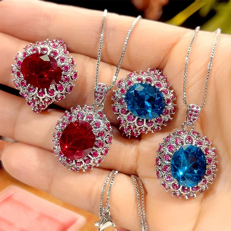

Jewelry set with gold-plated copper, red corundum, and spiny pigeon egg-shaped fashion stone 10*12