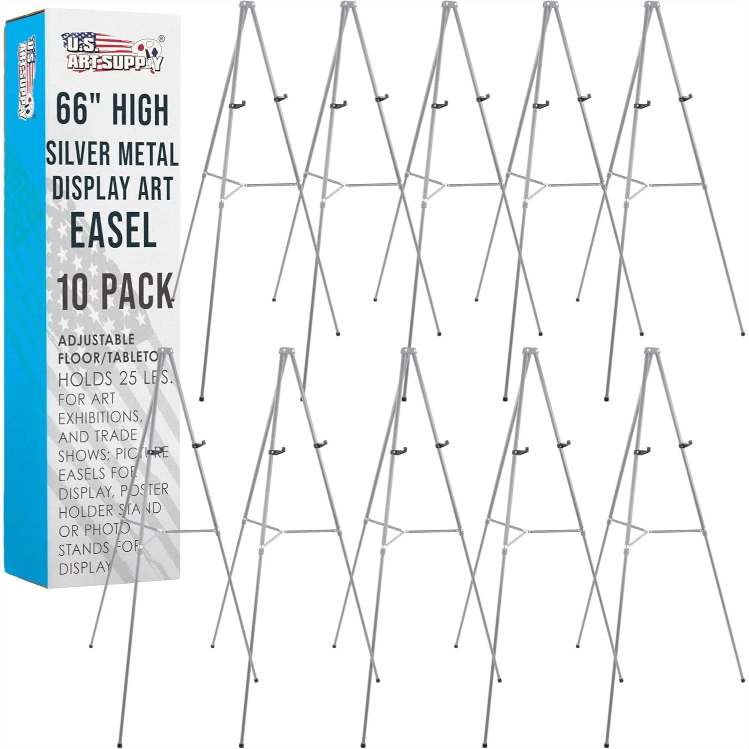 

66" High Gallery Silver Metal Display Easel (10 Pack) - Adjustable Height Portable Easel Stand, Holds 25 lbs, Floor & Tabletop