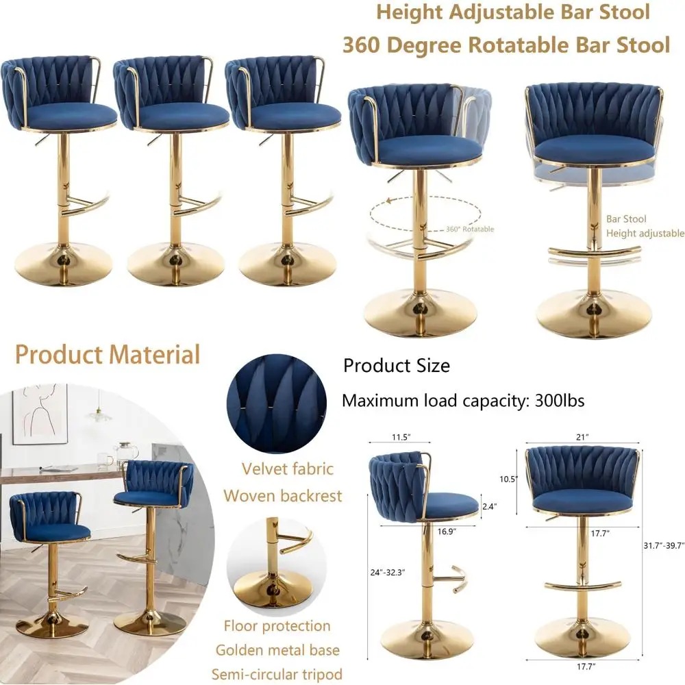 

Синий набор из 3-х барных стульев с поворотной столешницей и низкой спинкой для использования на кухне и в пабе