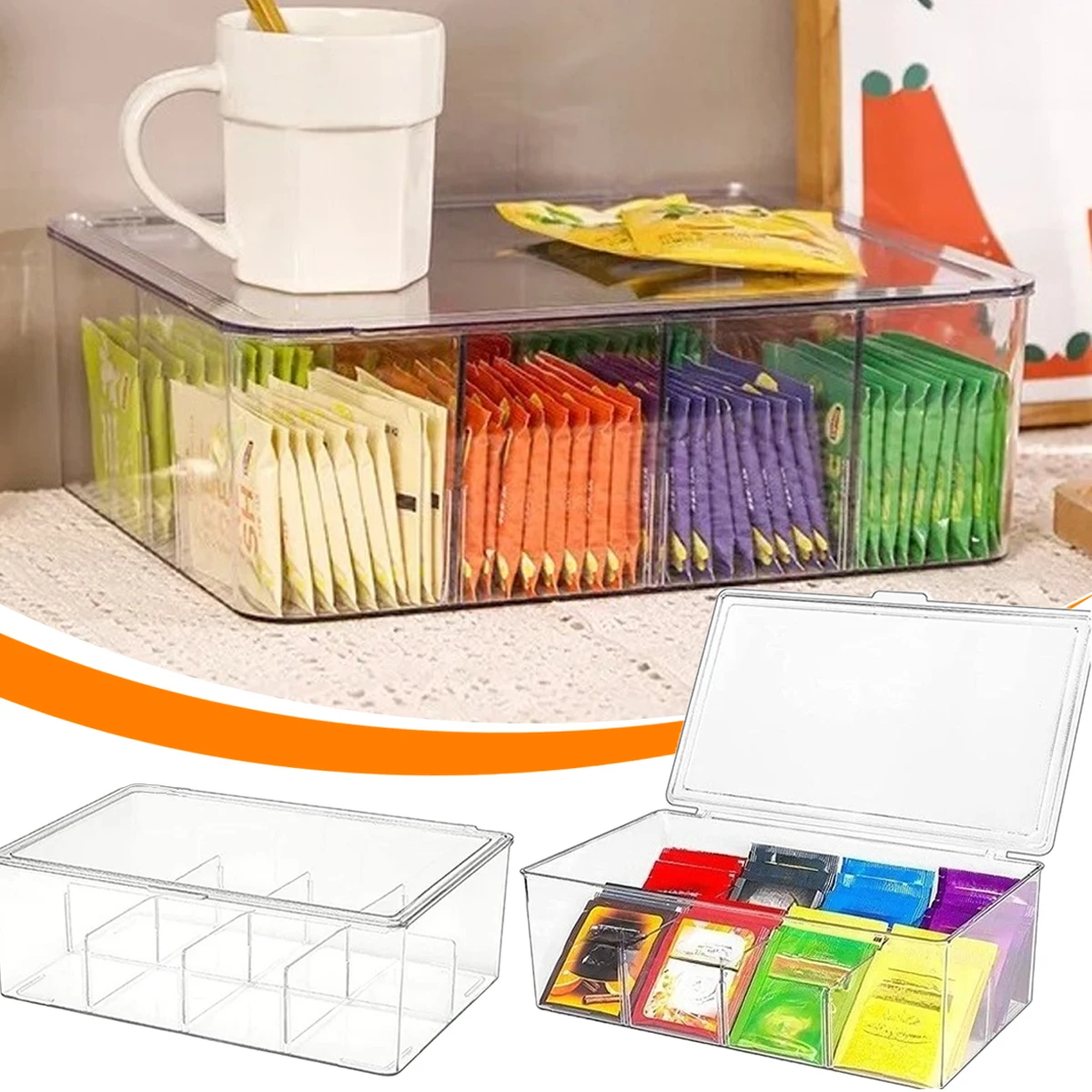 

Tea Bag Container Clear Acrylic Storage Box Desktop Tea Drawer Organizer for Divided Clear Tea Box Household Coffee Storage Box