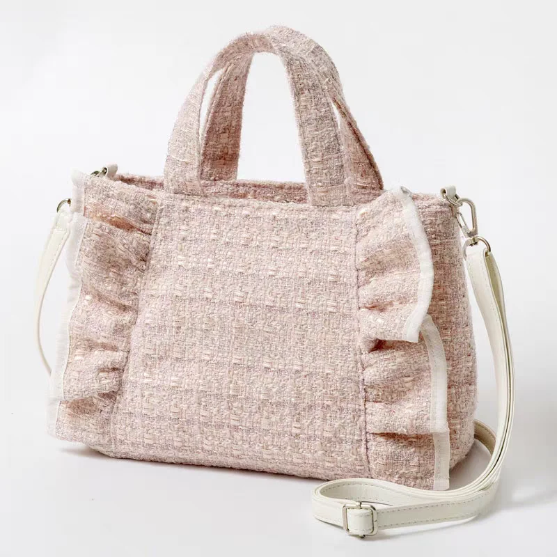 Sweet Ruffle Trim Thick Tweed Handbag Crossbody Shoulder Bag Limited Edition Magazine Appendix Casual Chic Style for Youth Women
