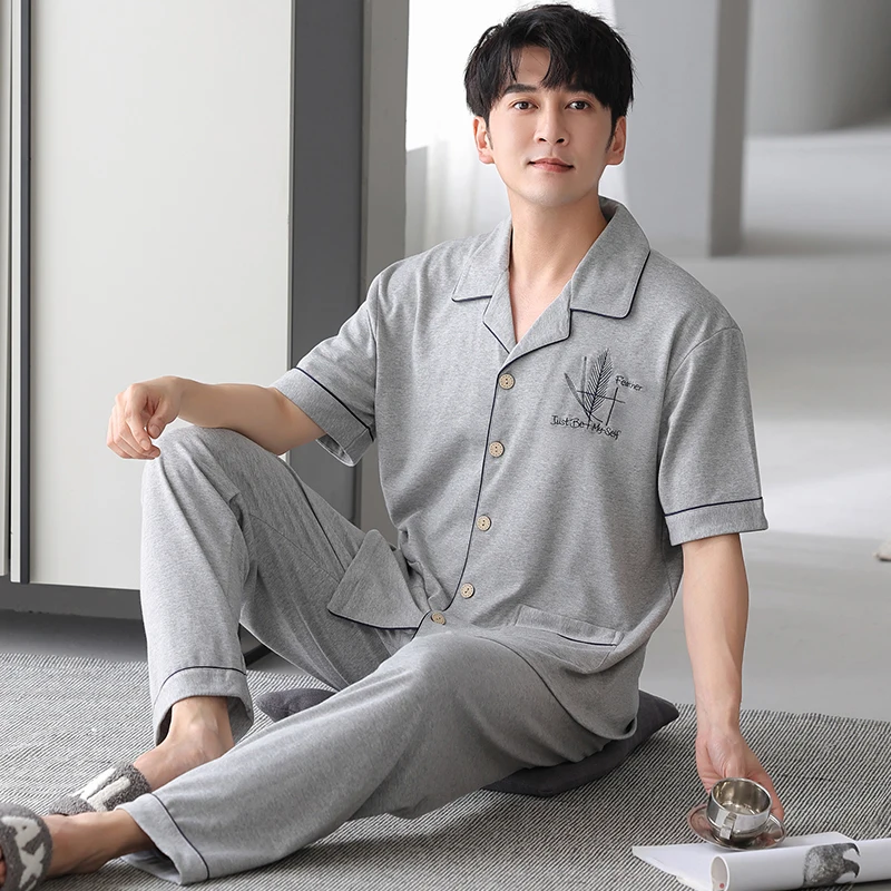 

Men knited Cotton Pajama Set 4XL Sleepwear Sexy Mens Turndown Collar Pyjamas Brand Short Sleeve Solid Casual Tracksuit