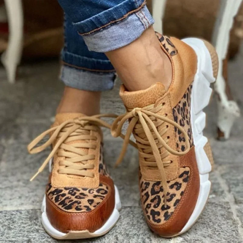 Plus size 36-44 New Thick-soled Round Toe Low-top Leopard Print Women\'s Singles Cross-large Stitching Lace-up Sneakers