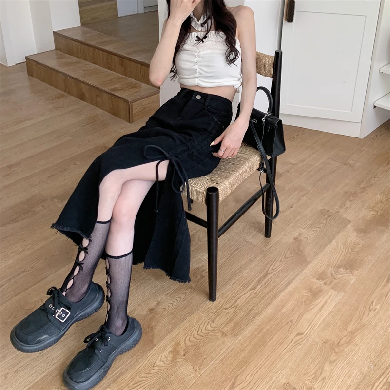 New 2023 Gothic Black Saias Jeans Women Ruched Split Long Denim Skirts Fashion High Waist Jeans Skirt Summer Casual Streetwear