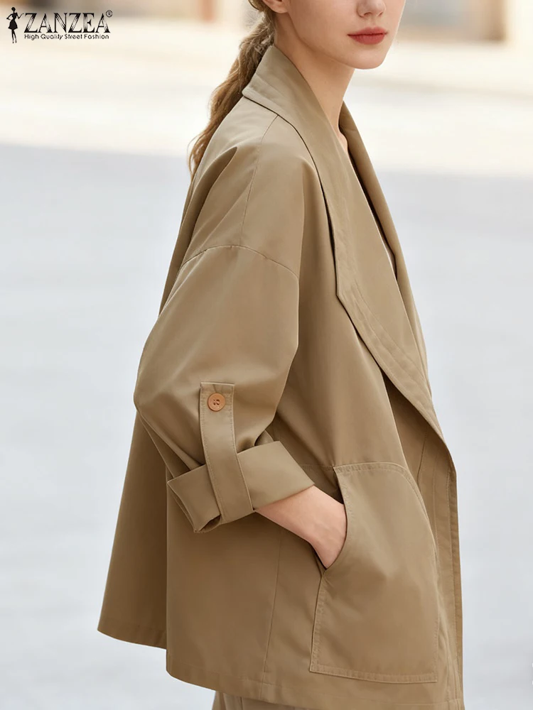 

Женский Тренч ZANZEA 2025, осенне-зимние пальто с длинным рукавом, повседневные элегантные офисные женские верхние пальто, модные однотонные куртки с карманами