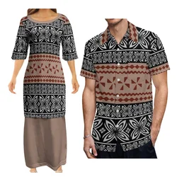 Polynesian Design Fashion Half-Sleeve Dress Samoan Tribe Custom Pattern Puletasi Two-Piece Suit With Men'S Shirt Couple Suit