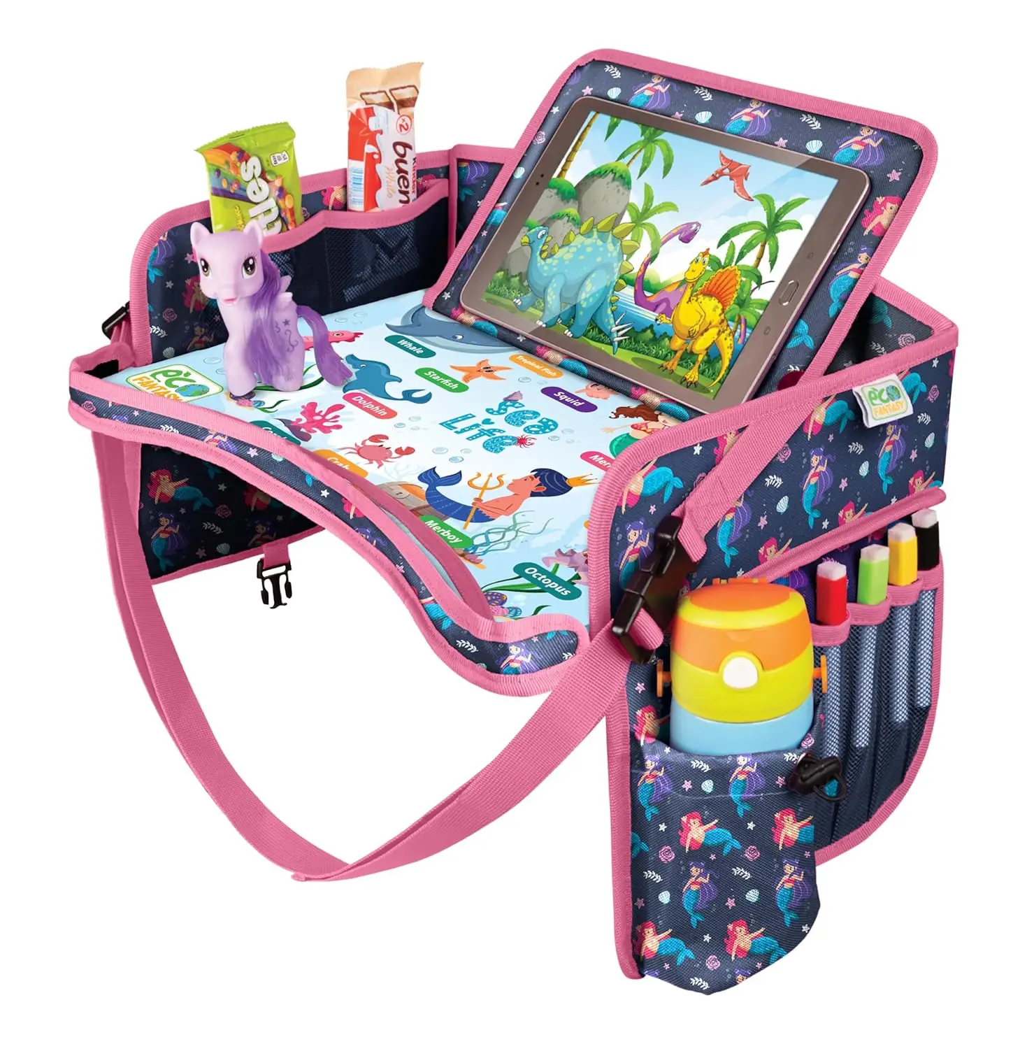 

Kids Travel Tray - Waterproof Lap Table with Large Tablet Holder, Car Seat Organizer for Airplane, Road Trip Essentials for Toddlers