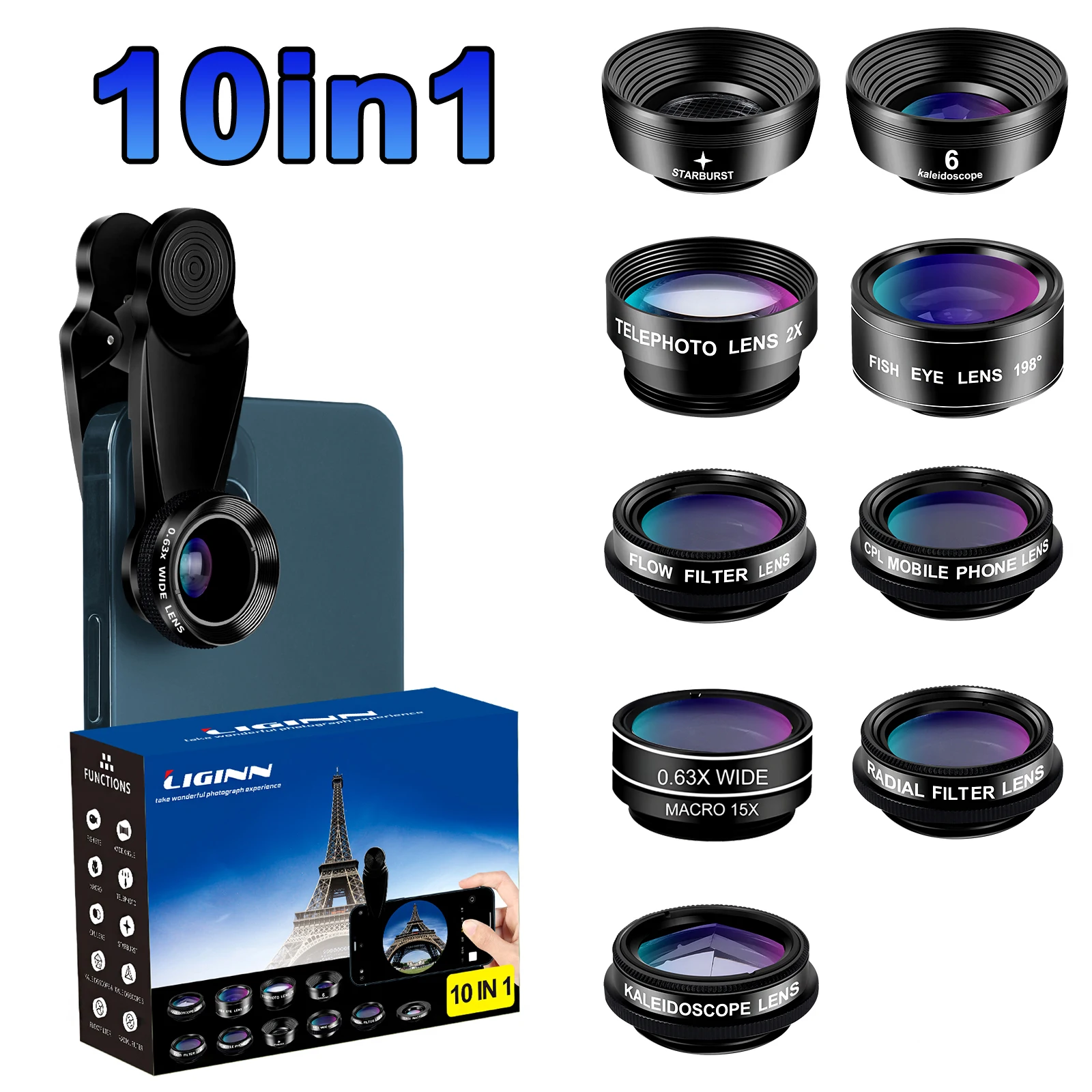 Объектив для мобильного телефона высокой четкости 10 в 1, «рыбий глаз»/CPL/звездный свет, подходит для iPhone и большинства смартфонов