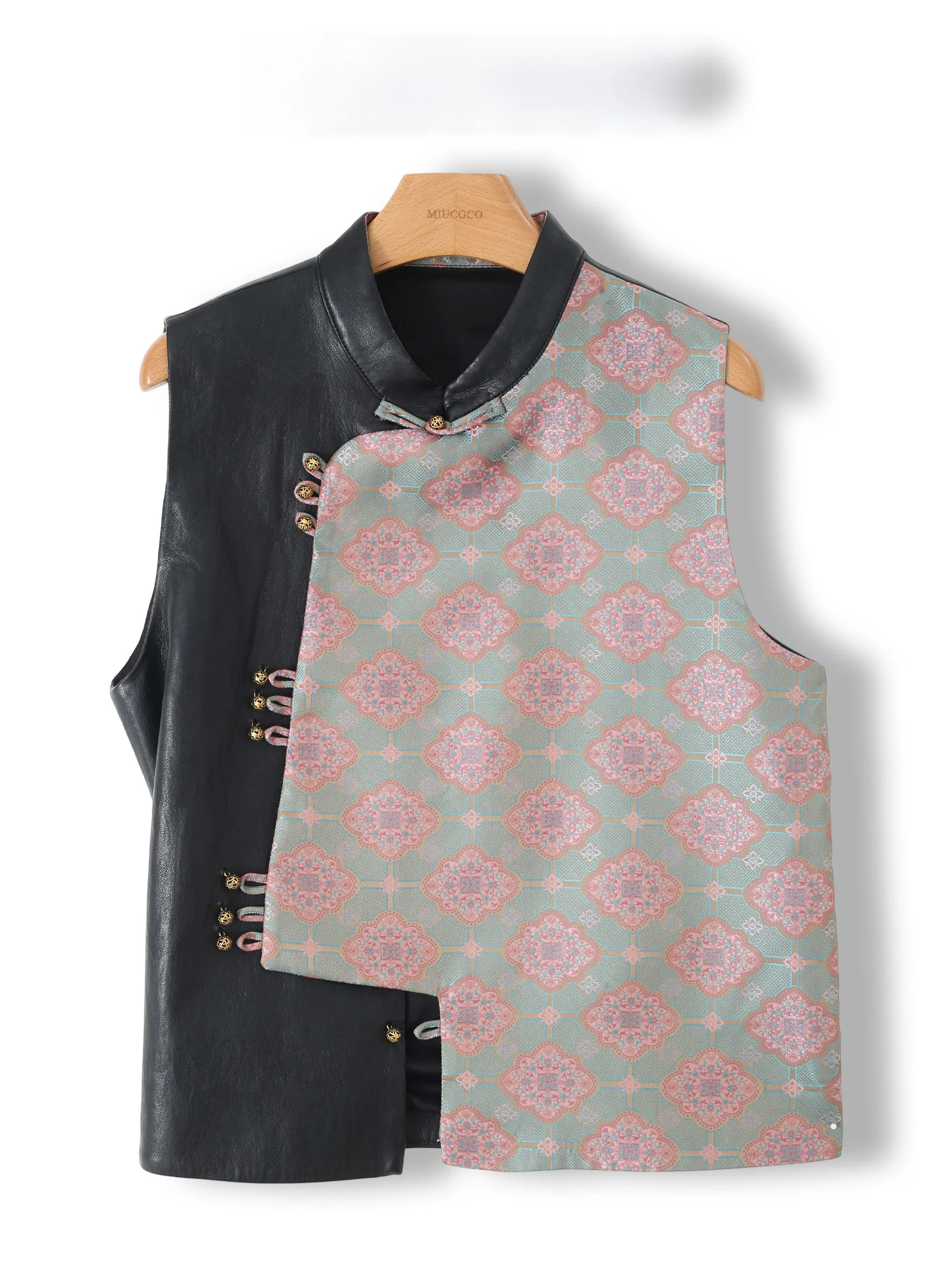 

G-Style Chinese New Medium! National Trend Oblique Buttoning Leather Vest Women Fashion Color Block Splicing Embroidery Shoul...
