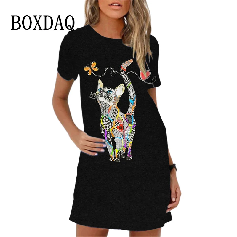 

Short Sleeve Summer Women Beach Sundress kawai Funny Animals Cartoon Casual A-Line Dress Oversized Ladies 3D Print Mini Dress