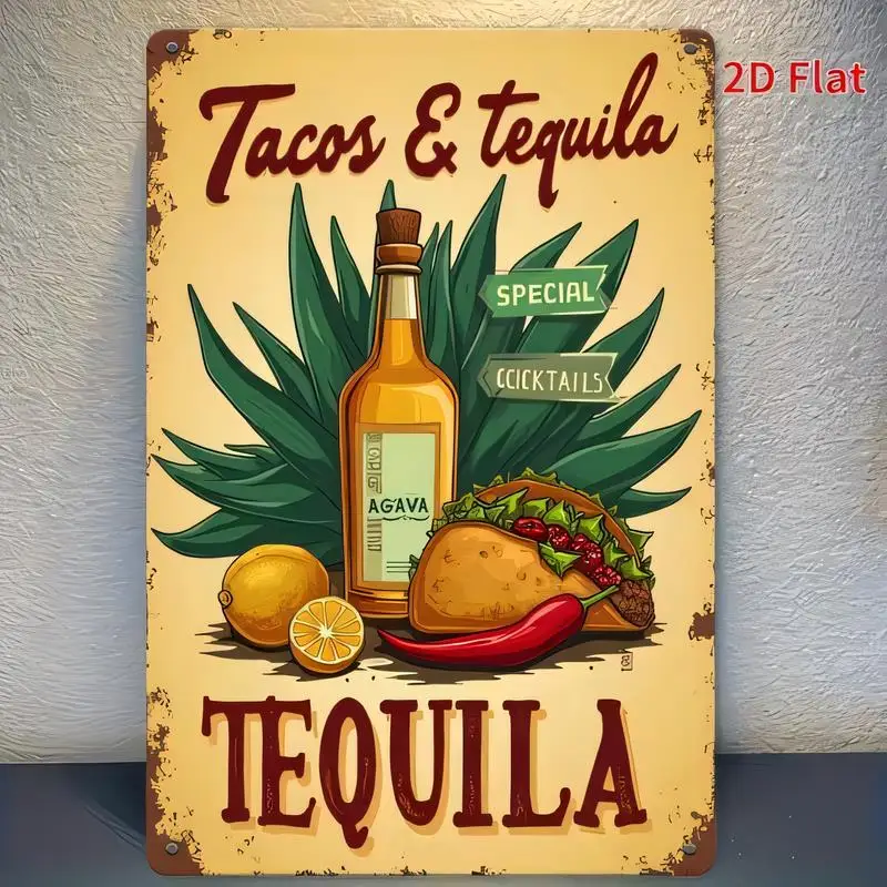 Tacos & Tequila Vintage Metal Tin Sign - Retro Agave/Taco/Chili Design, Iron, Perfect for Bars/Restaurants/Home Decor - Mexican
