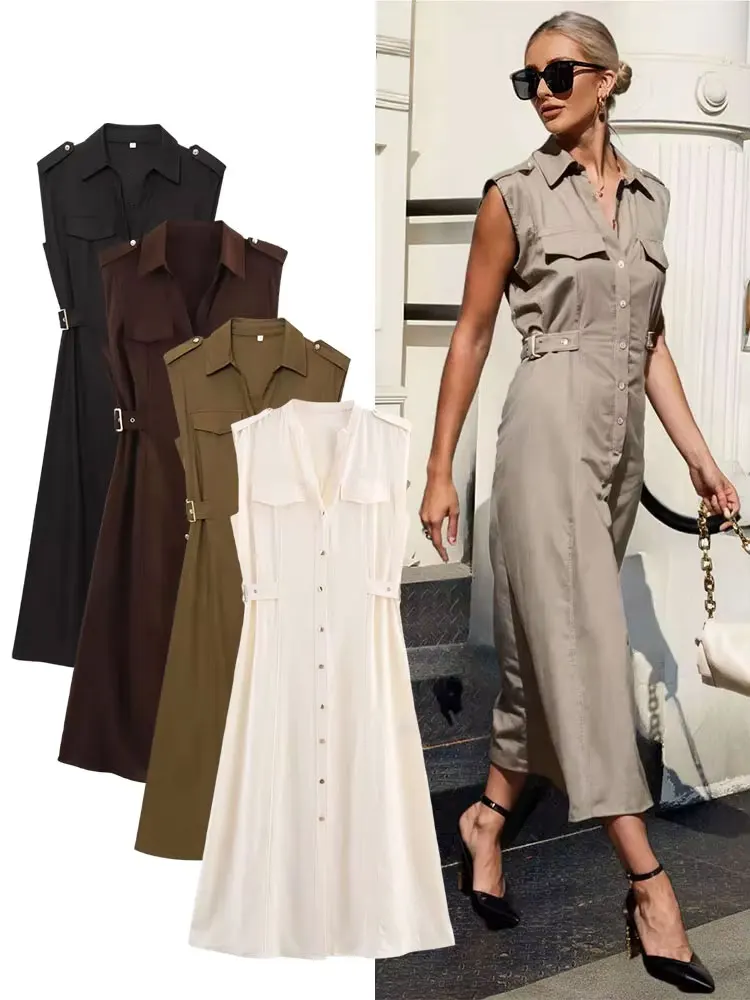 HH Dames Zomer Vintage Gezellige Linnen Midi-jurk Effen Revers Single-breasted Taille Met Zijlussen Nep Zakken Trendy Jurk