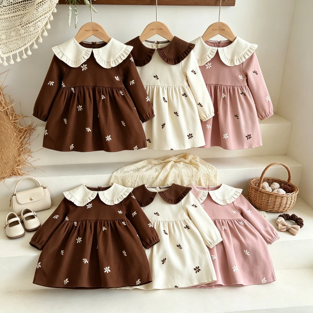 Korean Version Brown Pink Beige Long Sleeved Girls Dresses for Children Aged 9 Months To 3 Year Embroidered Sweet Princess Dress
