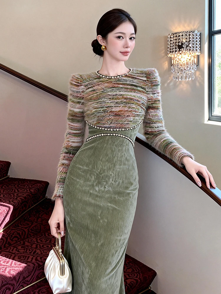 green velvet long sleeve midi dress Green Velvet Dress, Autumn Dress Women, Long Sleeves Dress, Fitted Dress, Party Dress, Pleated Dress, Midi Dress, Ylistyle C3539