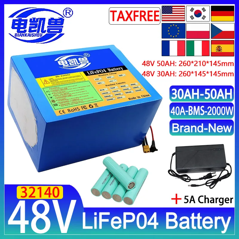 

New 48V 30ah 50ah LiFePo4 Battery Pack 32140 Built in 40A BMS 2000W Motor High Power Lithium Iron Phosphate Rechargeable Battery