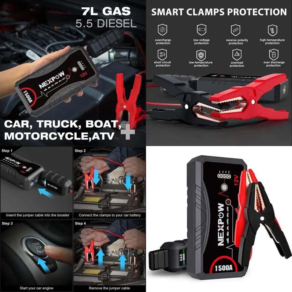 

Автомобильный стартер 1500А, перемычка для автомобильного аккумулятора, стартер Q10S для газа до 7,0 л и дизельного двигателя 5,5 л, автоматический усилитель аккумулятора 12 В, Ju