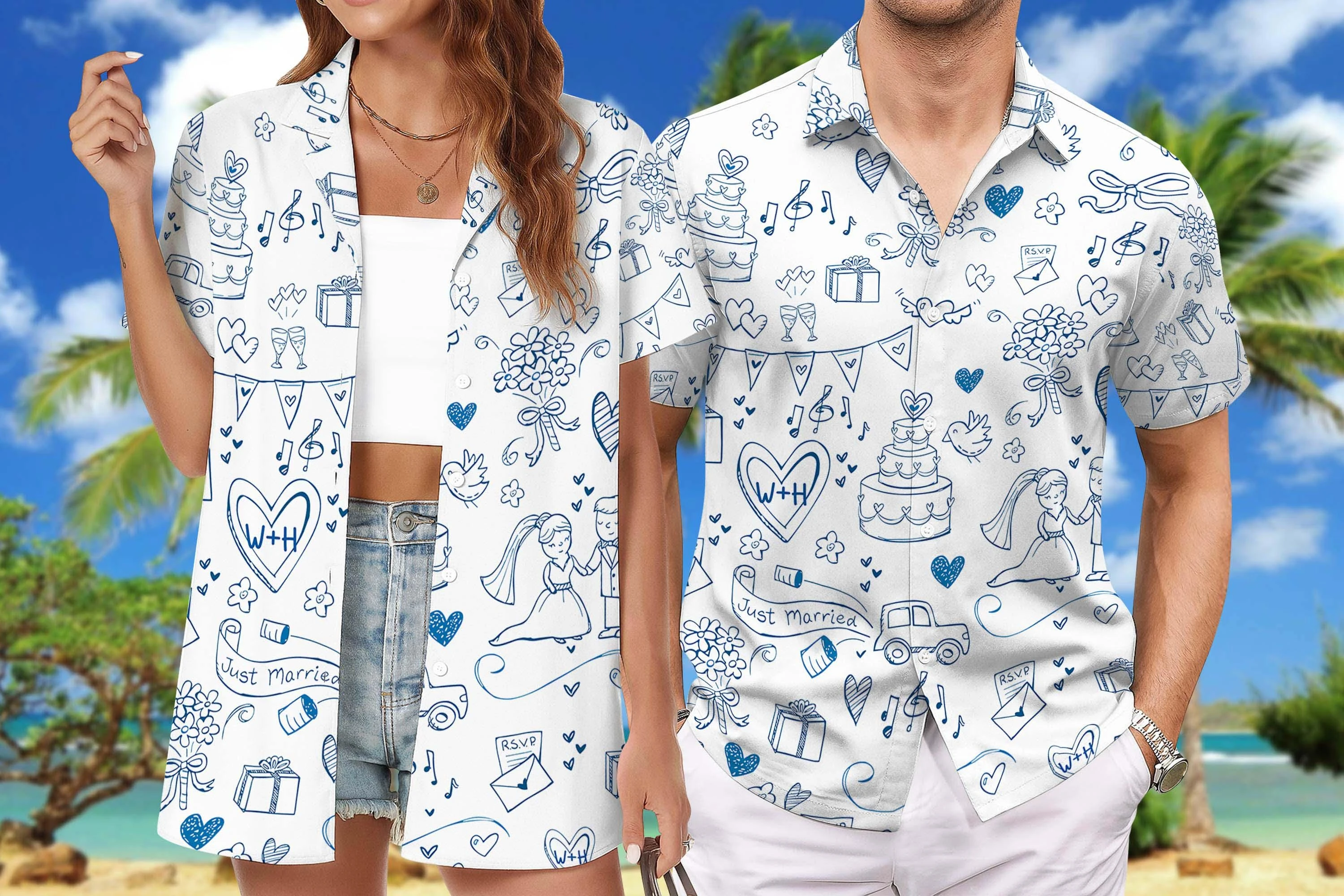 New Custom Just Married Hawaiian Shirt Personalized Wedding Doodle Print Mens Casual Short Sleeve Button Down Beach Aloha Shirt