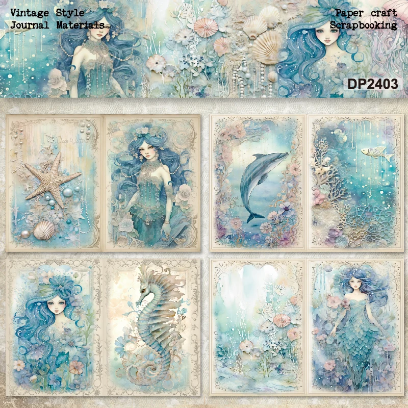 KLJUYP 8sheets A5 Size Mermaids Scrapbooking patterned paper Fancy Card Pack Light weight Craft Paper Card 2403