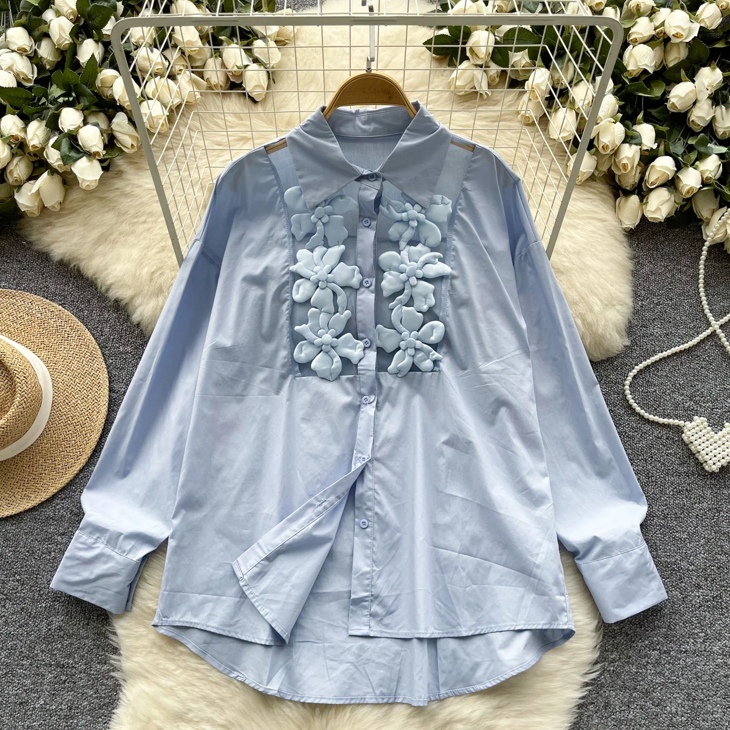 Retro mesh Three-dimensional flower lool sleeve Polo neck basics Blouse Slim Shirt Women PATCHWORK summer Top