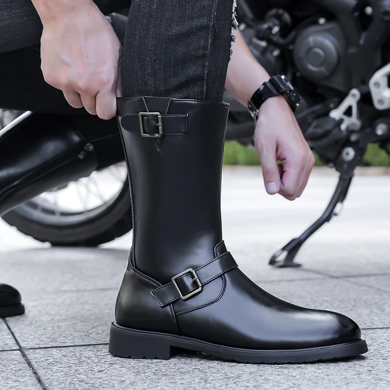 STRONGSHEN Men Fashion Leather Motorcycle Boots Mid-calf Warm Boots Black Gothic Belt Rivet Punk Rock Boots Tactical Army Boot